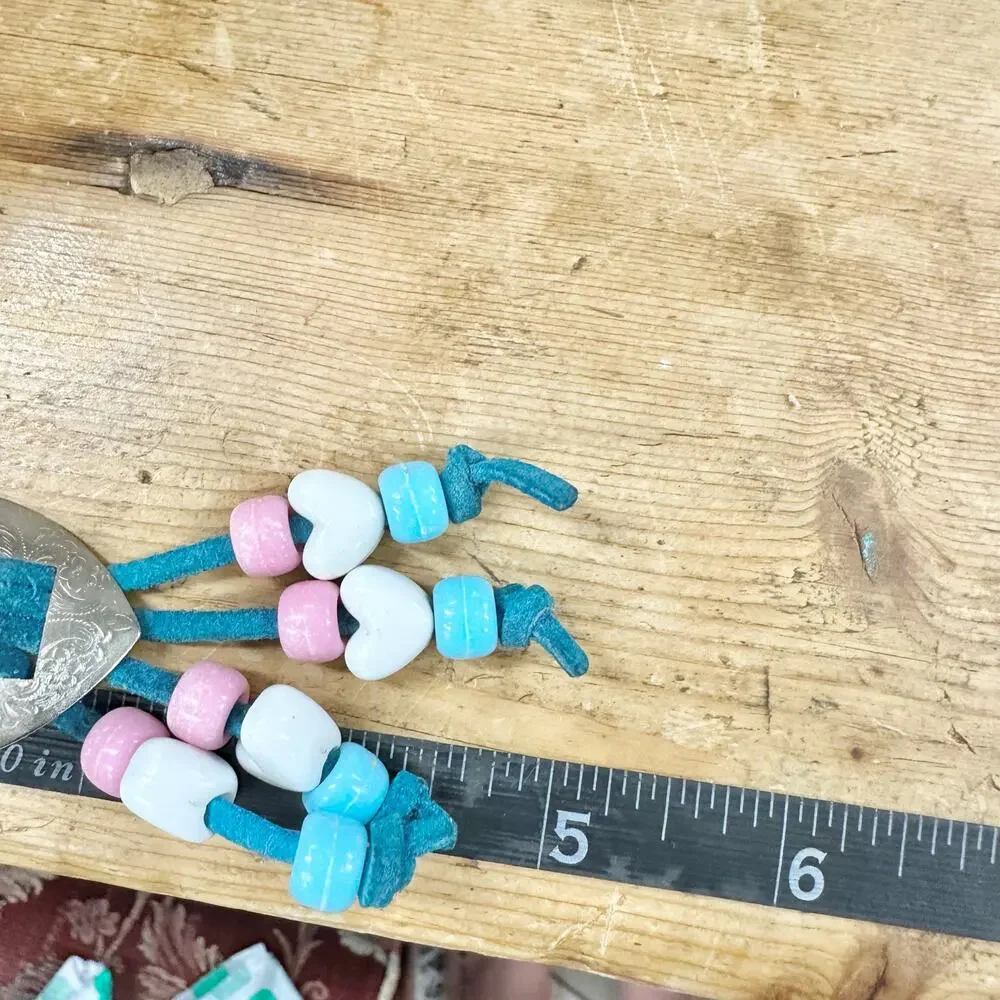 Vintage 90s handmade suede leather‎ and bead macrame Keychain heart concho boho